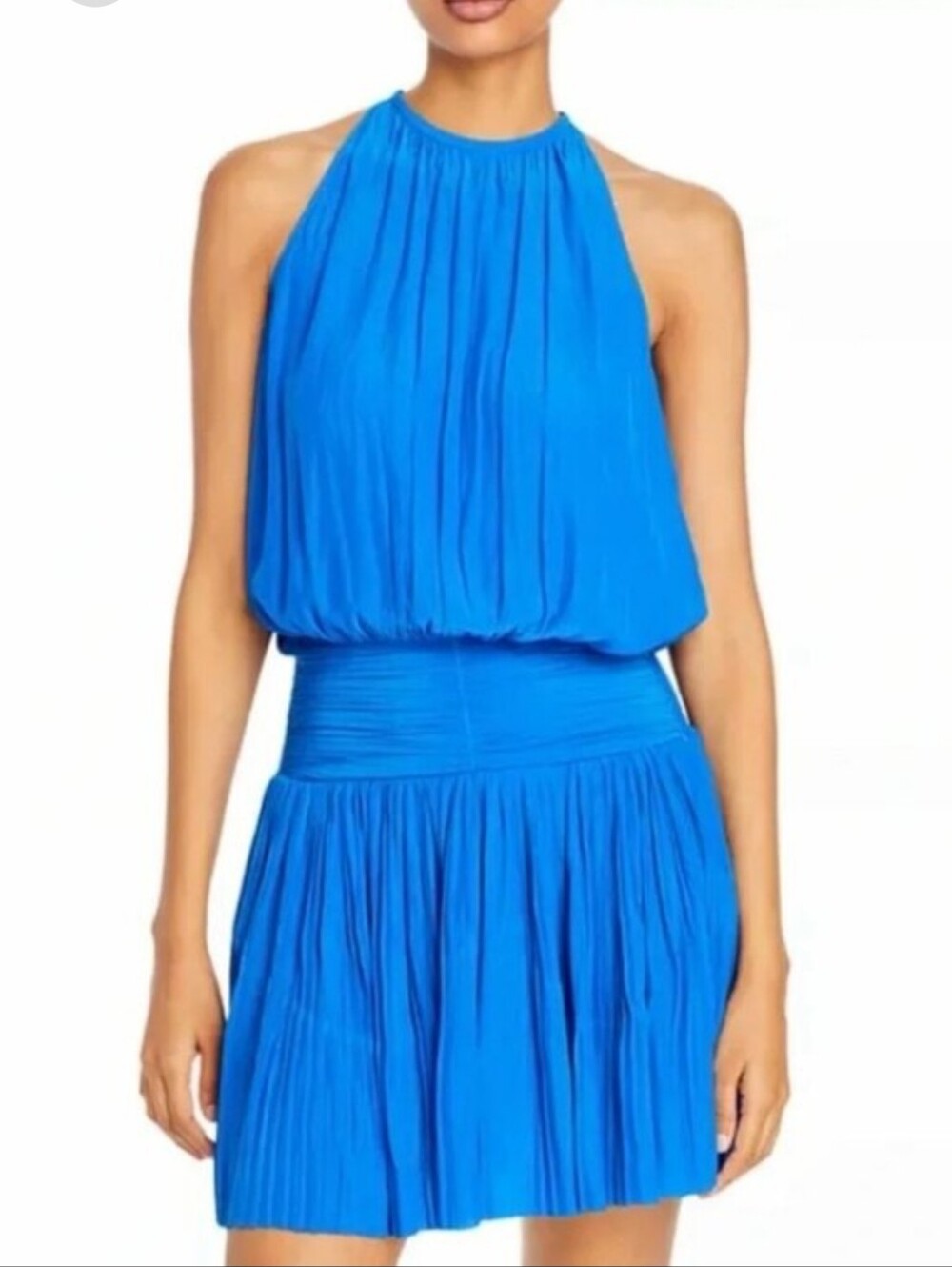 Ramy Brook Cobalt Blue Halter-Style Pleated Midi Dress